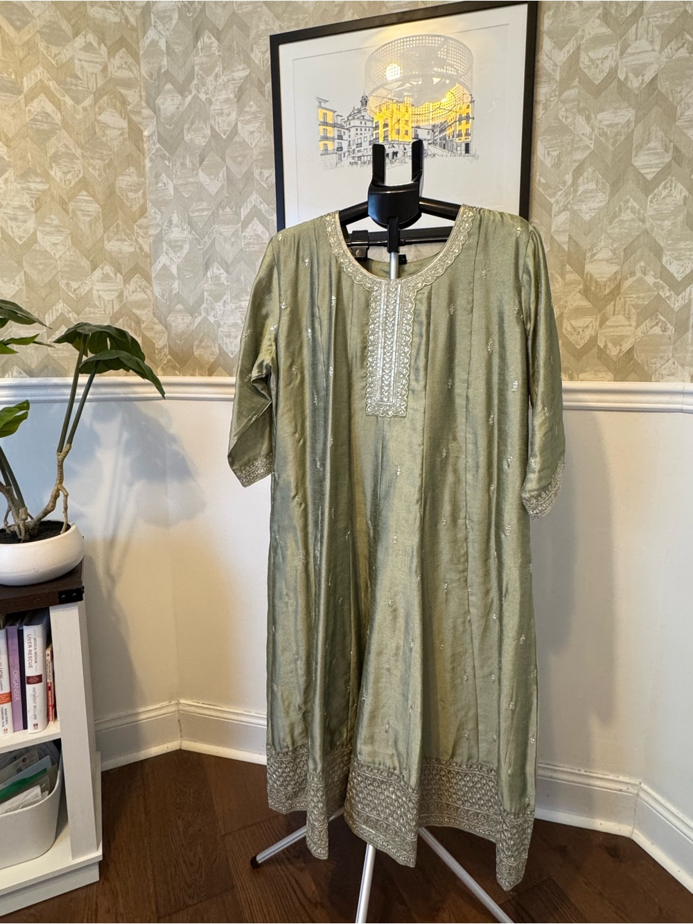 Elegant Olive Green Embroidered Women's Dress